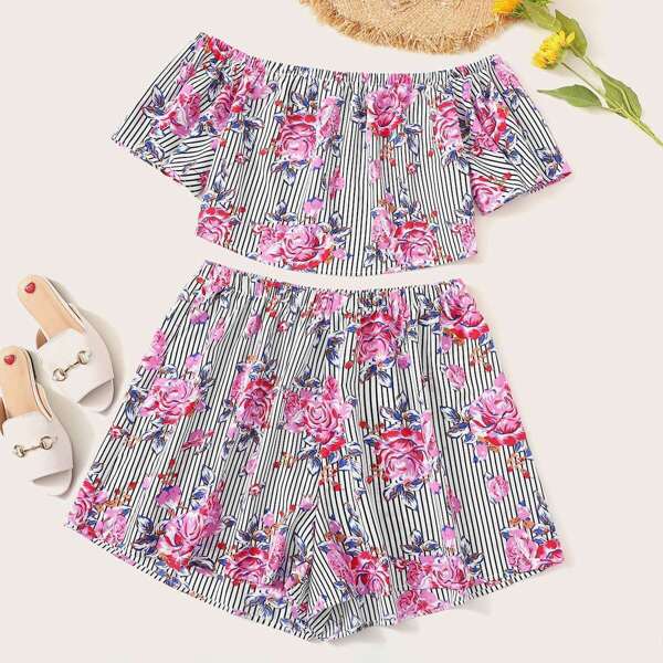 

Plus Striped and Floral Bardot Top and Shorts Set, Multicolor
