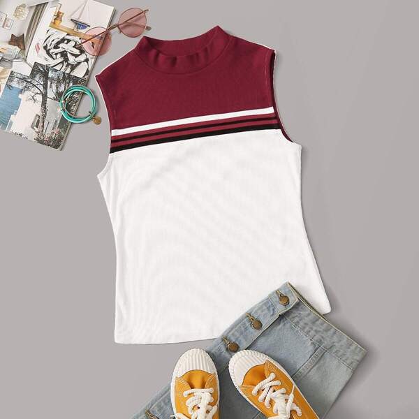 

Mock Neck Striped Rib-knit Top