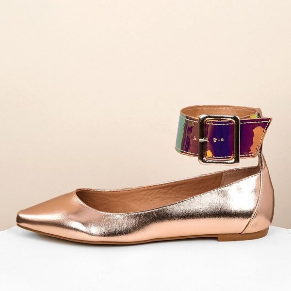

Metallic Buckle Ankle Band Pointy Ballet Flats, Gold