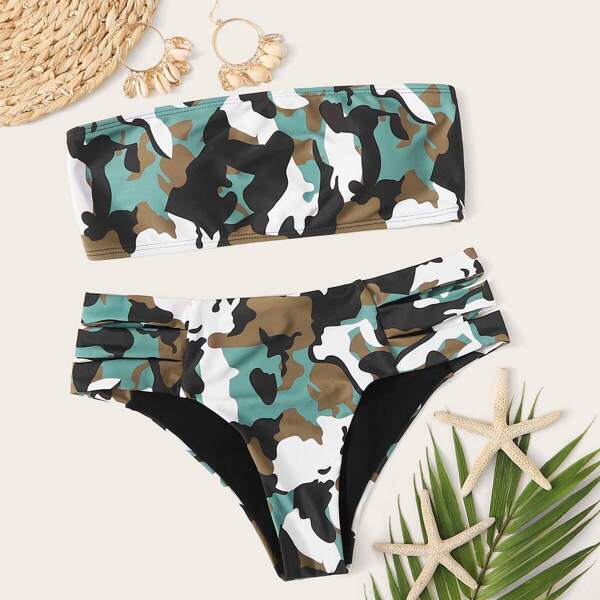 

Camo Bandeau Top With Cut-out Bikini Set