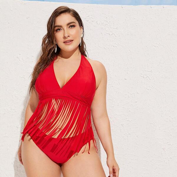 

Plus Fringe Trim Bikini Set, Red