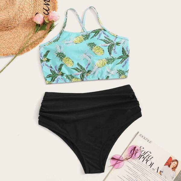 

Pineapple Print Top With High Waist Bikini Set