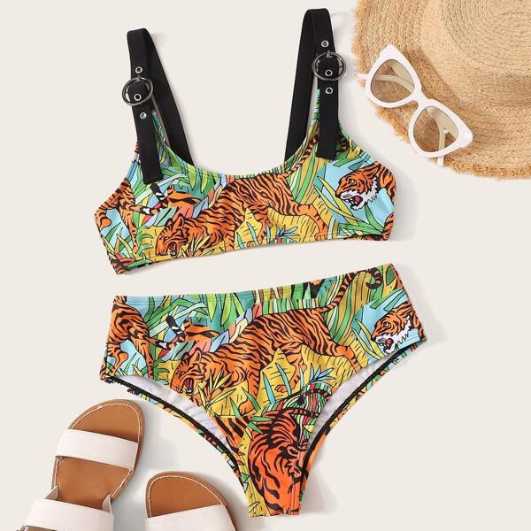 

Tiger Print Eyelet Buckle Bikini Set, Multicolor
