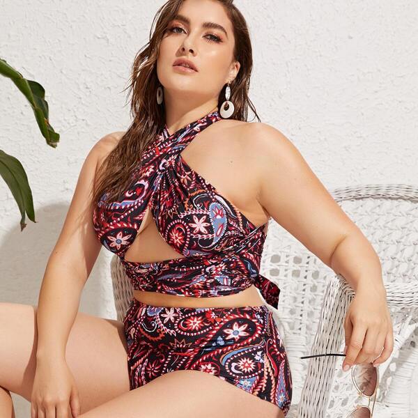 

Plus Criss Cross Top With High Waist Bikini Set