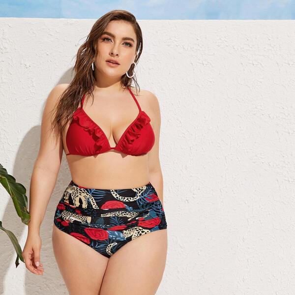 

Plus Ruffle Trim Halter Top With High Waist Bikini, Multicolor