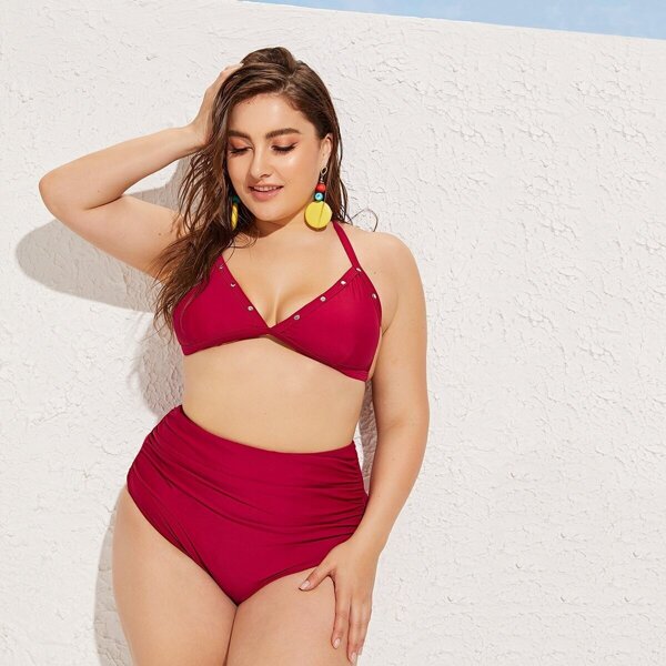 

Plus Triangle Top With Ruched Bikini Set Without Cover Up, Red