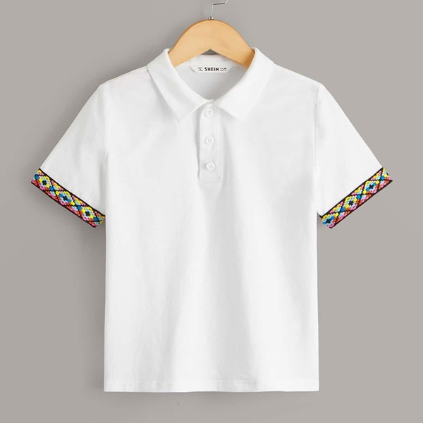 

Boys Embroidered Aztec Cuff Half Placket Polo Shirt