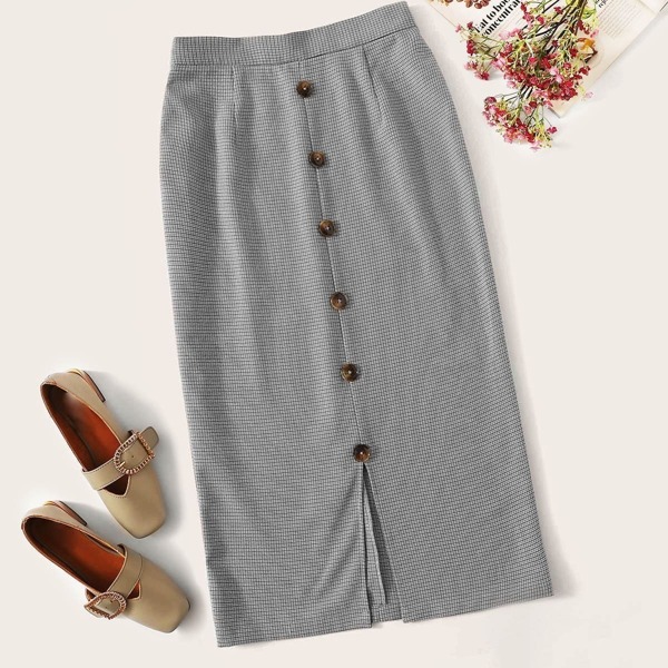 

Button Front Wide Band Waist Plaid Skirt