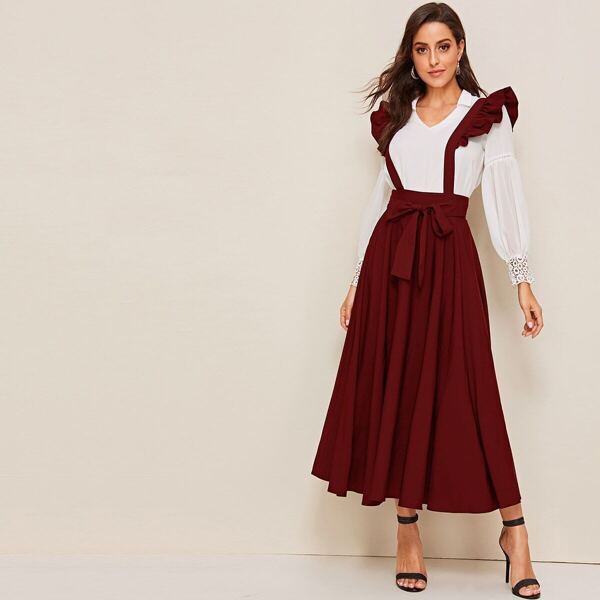 

Wide Waistband Belted Skirt With Ruffle Strap, Burgundy