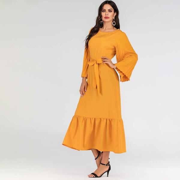 

Pleated Sleeve Ruffle Hem Belted Maxi Dress, Yellow