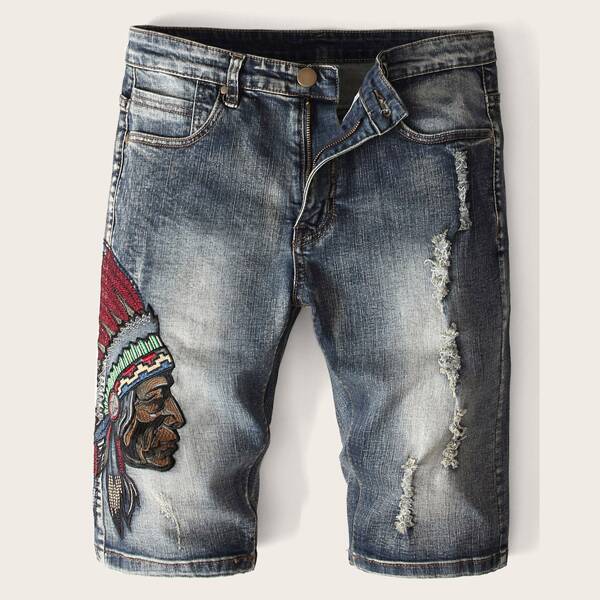

Men Figure Embroidery Ripped Wash Denim Shorts