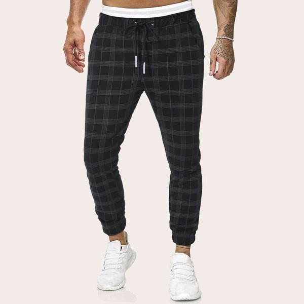 

Men Plaid Drawstring Waist Pants, Black