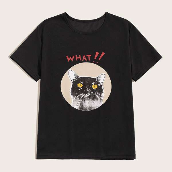 

Men Cat And Letter Print Tee