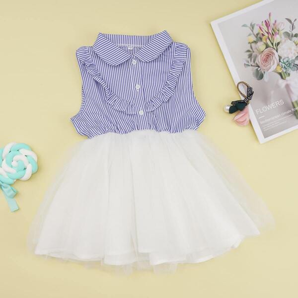 

Toddler Girls Contrast Mesh Frill Striped A-Line Dress