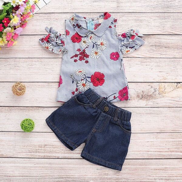 

Toddler Girls Floral Print Open Shoulder Blouse With Denim Shorts