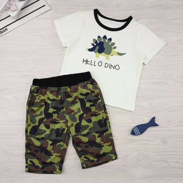 

Toddler Boys Dinosaur Print Tee With Camo Shorts
