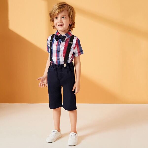 

Toddler Boys Bow Front Plaid Shirt With Suspender Shorts, Multicolor