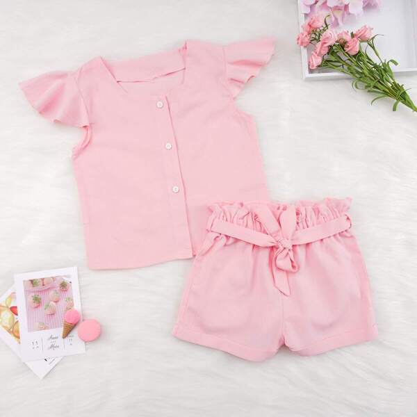

Toddler Girls Square Neck Blouse With Paperbag Waist Shorts