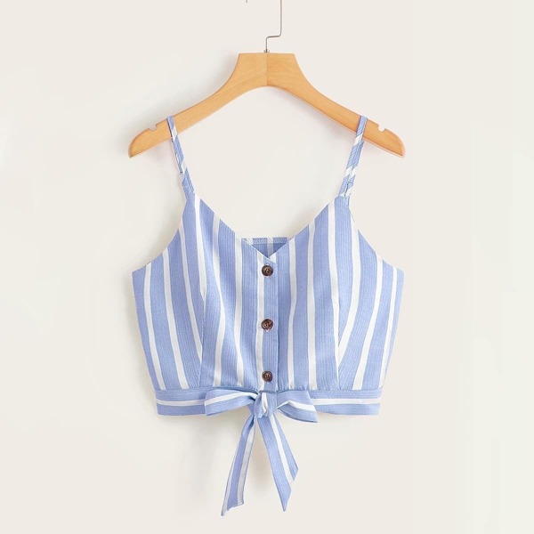 

Striped Button Front Knot Hem Cami Top, Blue