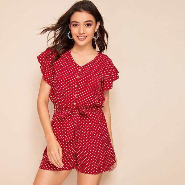 

Polka Dot Ruffle Self Tie Romper