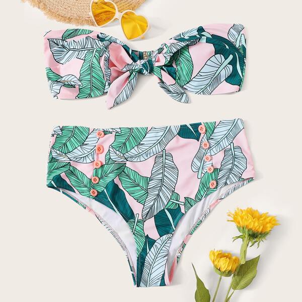 

Plus Tropical Knot Top With High Waist Bikini Set, Multicolor