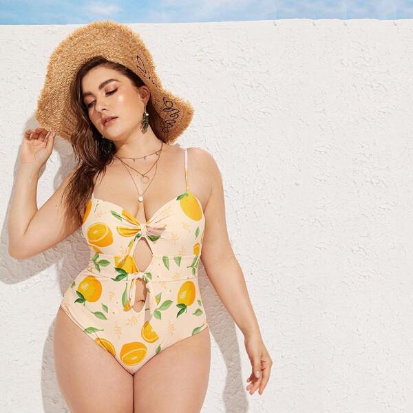 

Plus Lemon Print Cut-out One Piece Swimwear, Yellow