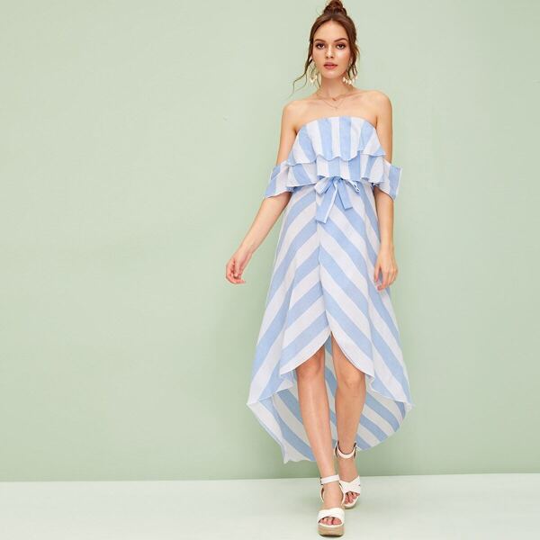 

Striped Layer Ruffle Off Shoulder Belted Dress, Blue