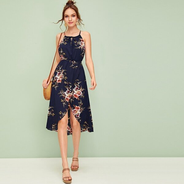 

Floral Print Tie Neck Tulip Hem Cami Dress, Navy
