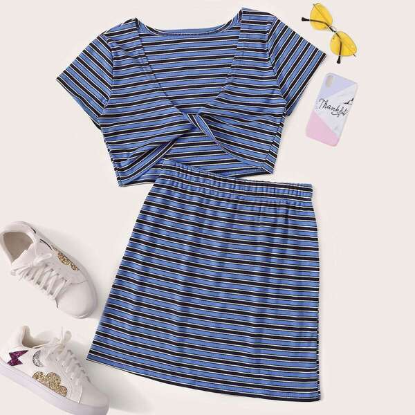 

Striped Twist Front Top With Skirt, Multicolor