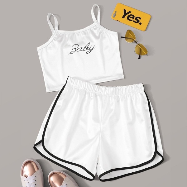 

Letter Print Cami Top & Binding Trim Dolphin Shorts
