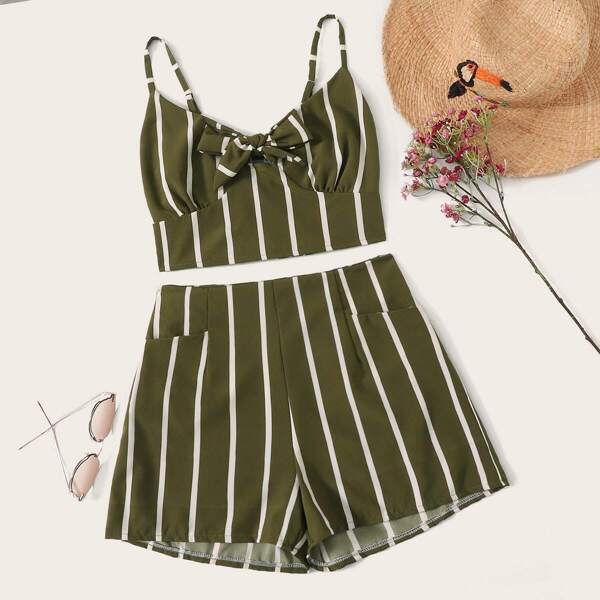 

Striped Tie Front Shirred Cami Top With Shorts