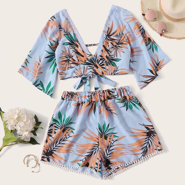 

Tropical Tie Back Top & Pompom Trim Shorts, Multicolor