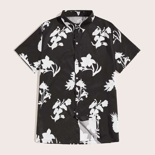 

Men Floral Print Button Through Shirt, Black and white
