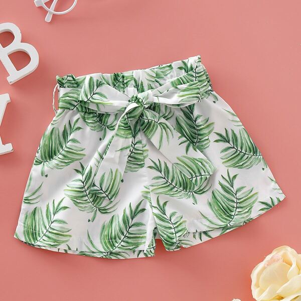

Toddler Girls Frill Waist Leaf Print Belted Shorts, Multicolor