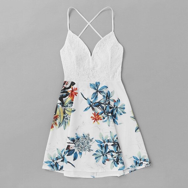 

Plus Lace Panel Floral Print Cami Dress