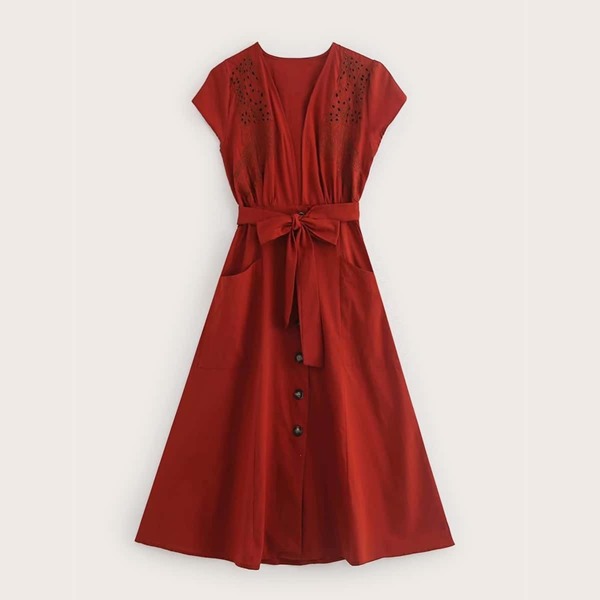 

Button Front Embroidery Belted Dress