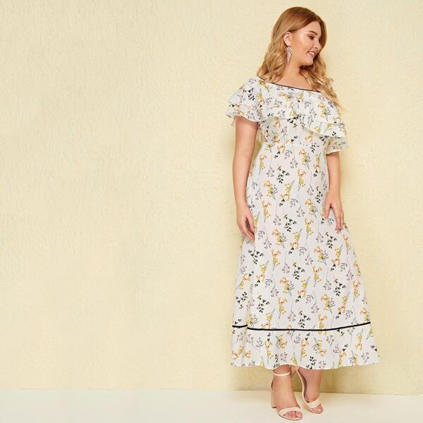 

Plus Asymmetric Neck Ditsy Floral Print Maxi Dress, White