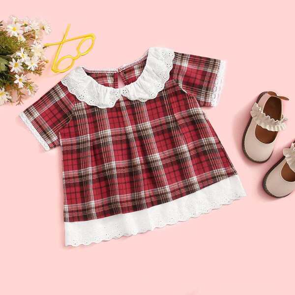 

Toddler Girls Schiffy Trim Tartan Blouse, Red