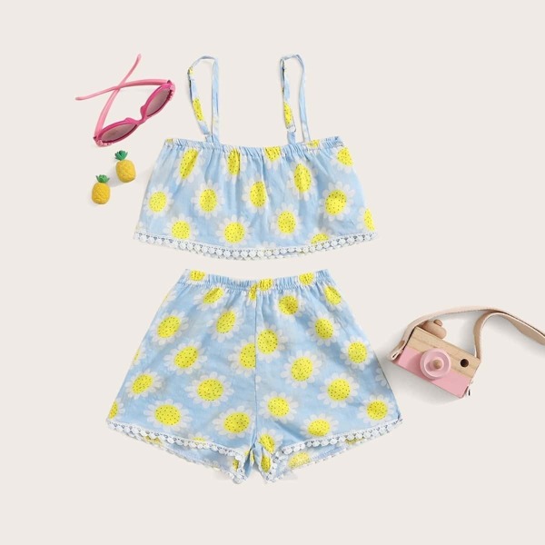 

Toddler Girls Lace Trim Sunflower Print Top & Shorts Set, Multicolor