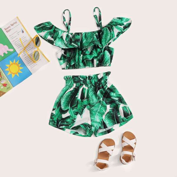 

Toddler Girls Ruffle Trim Top and Tropical Shorts Set, Green