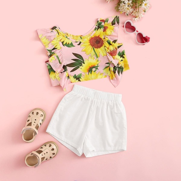 

Toddler Girls Ruffle Trim Flower Print Top & Shorts Set