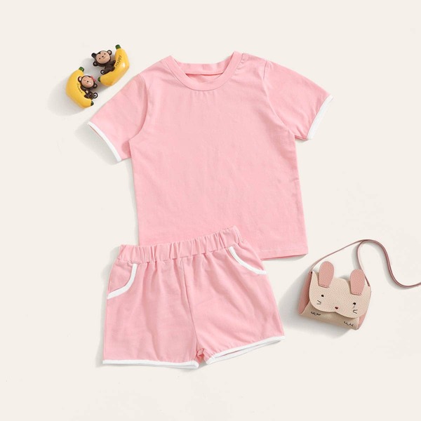 

Toddler Girls Contrast Binding Tee & Shorts Set, Pink