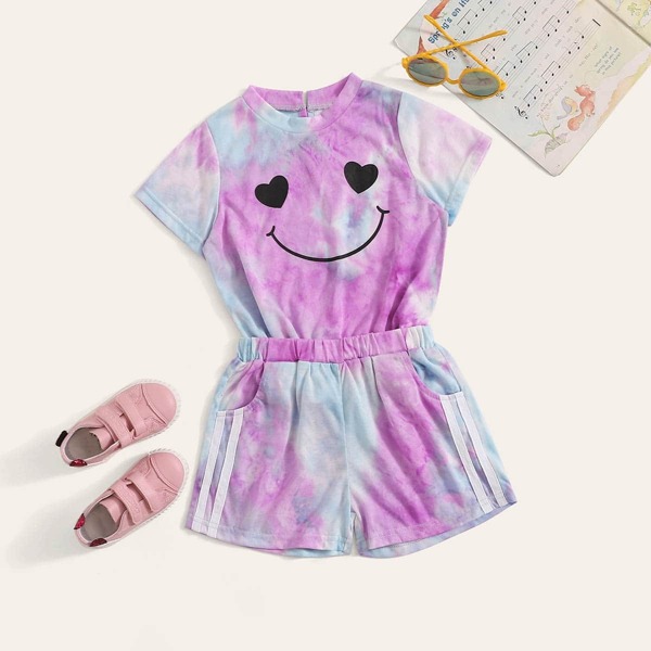 

Toddler Girls Smile Print Tie Dye Tee & Shorts Set