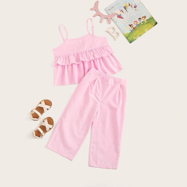 

Toddler Girls Ruffle Hem Top and Pants Set, Pink pastel