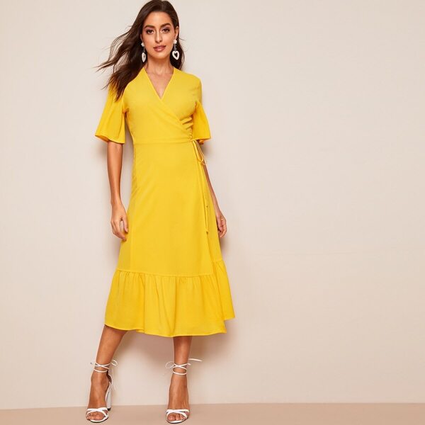 

Tie Side Flounce Sleeve Flounce Hem Wrap Dress