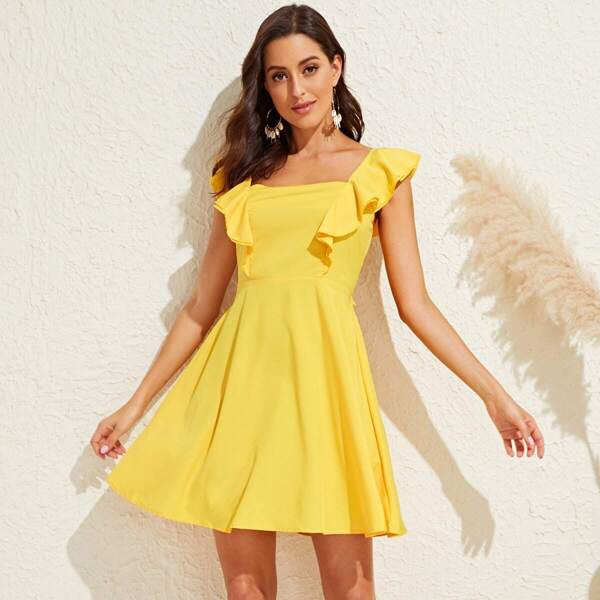 

Ruffle Trim Tie Back Solid Fit & Flare Dress