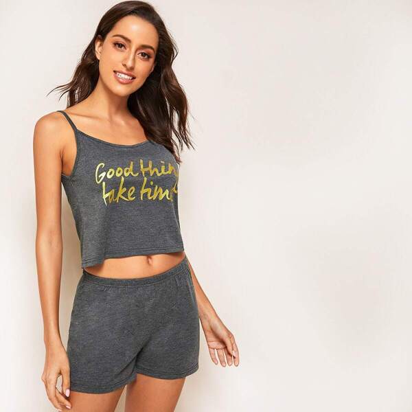 

Letter Print Cami Pajama Set, Grey