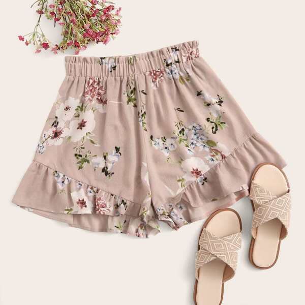 

Floral Print Ruffle Trim Shorts, Multicolor