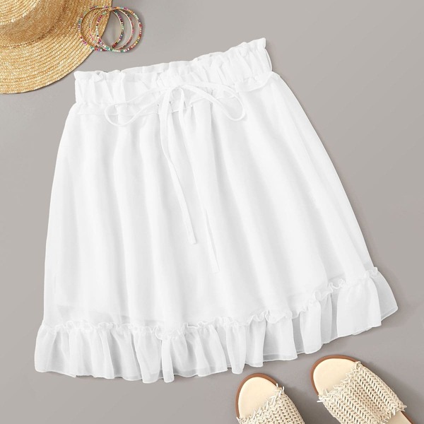 

Paperbag Waist Ruffle Hem Solid Skirt, White