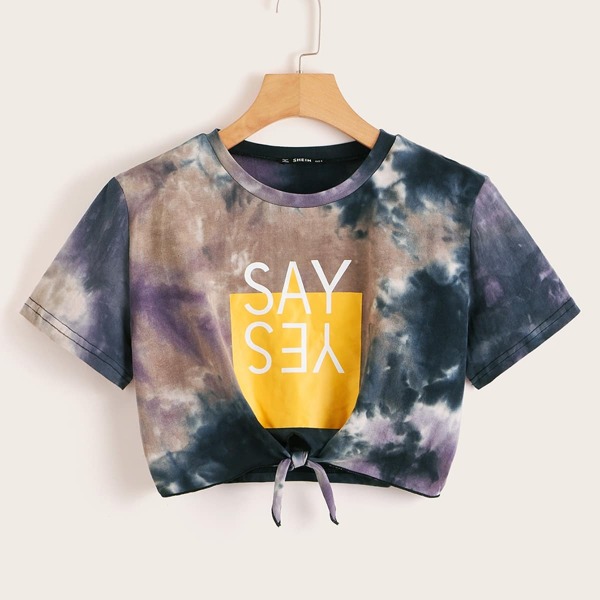 

Letter Print Knotted Front Tie Dye Top